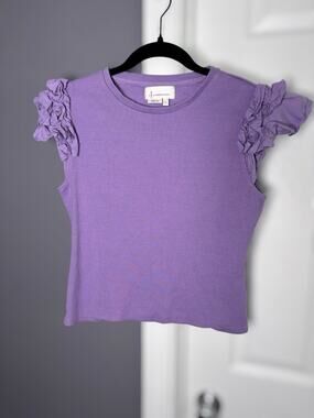 Anthropologie Purple Ribbed Ruffle Short Sleeve Top Small